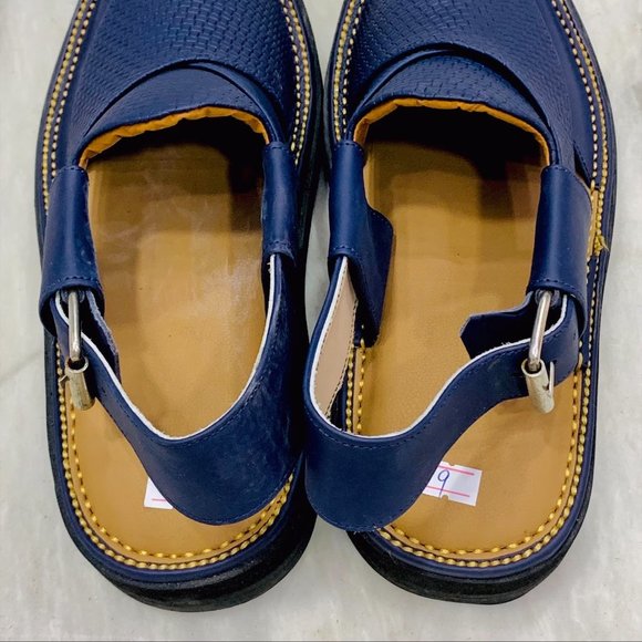 Blue Leather Sandals, Handmade Peshawari Chappal, Traditional Leather Blue - Picture 6 of 12